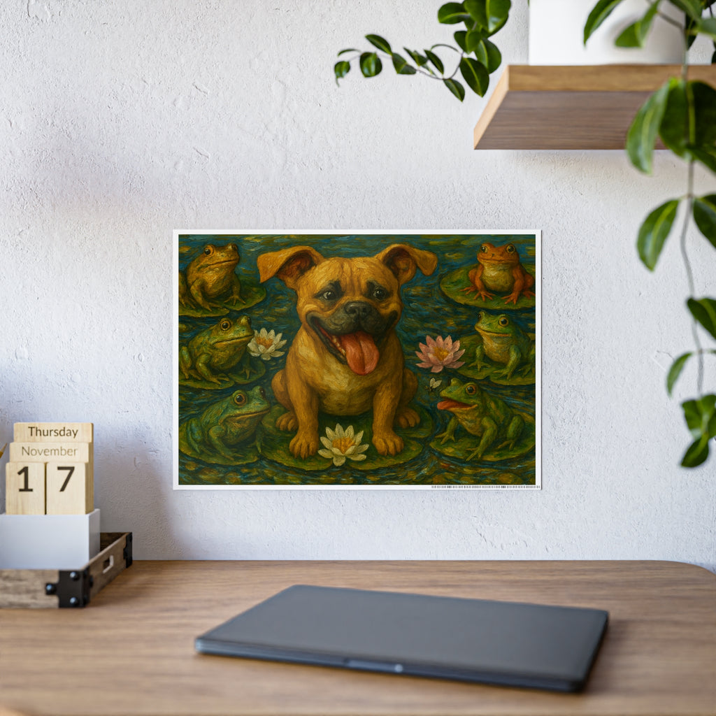 Whimsical Dog and Frogs Gloss Poster
