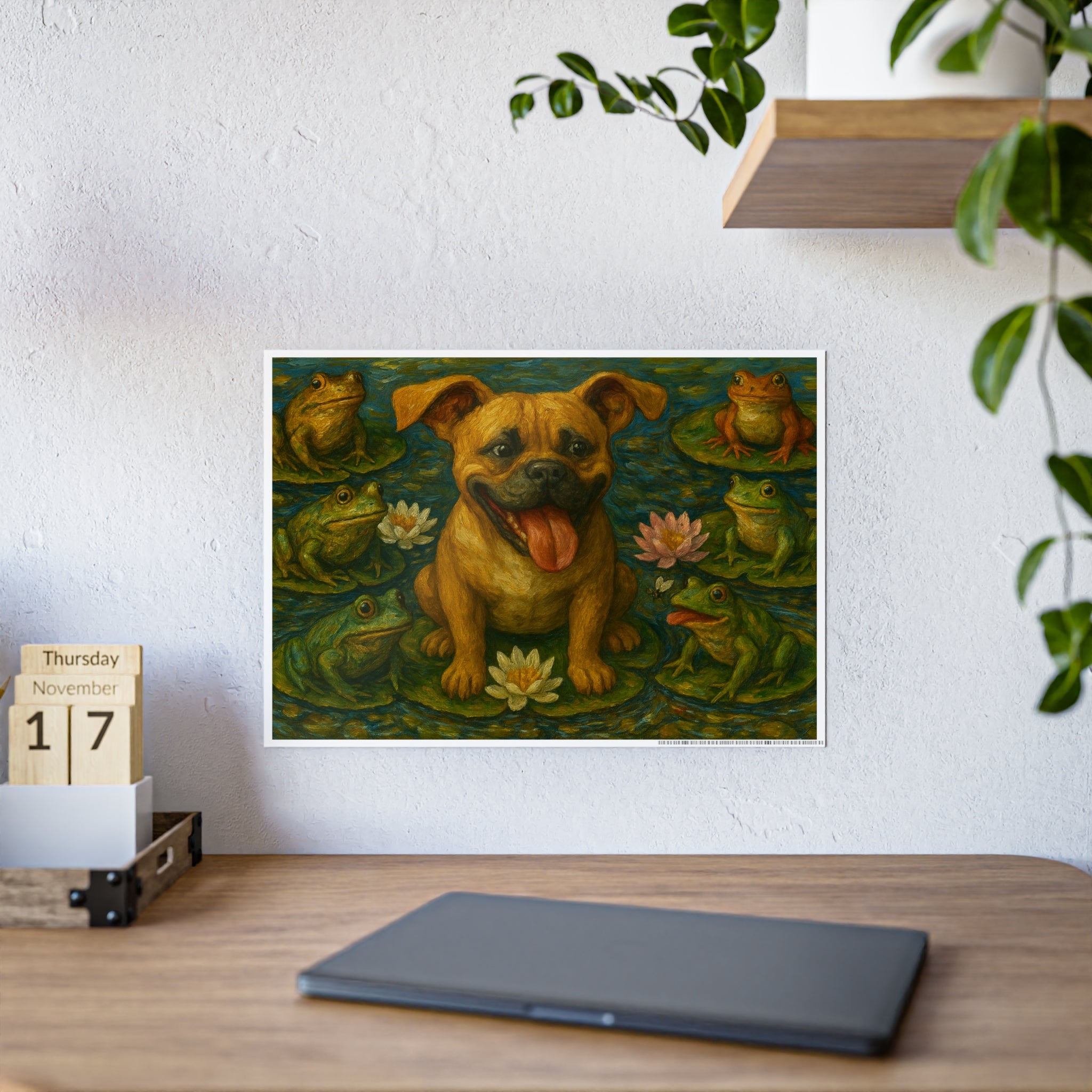 Whimsical Dog and Frogs Gloss Poster