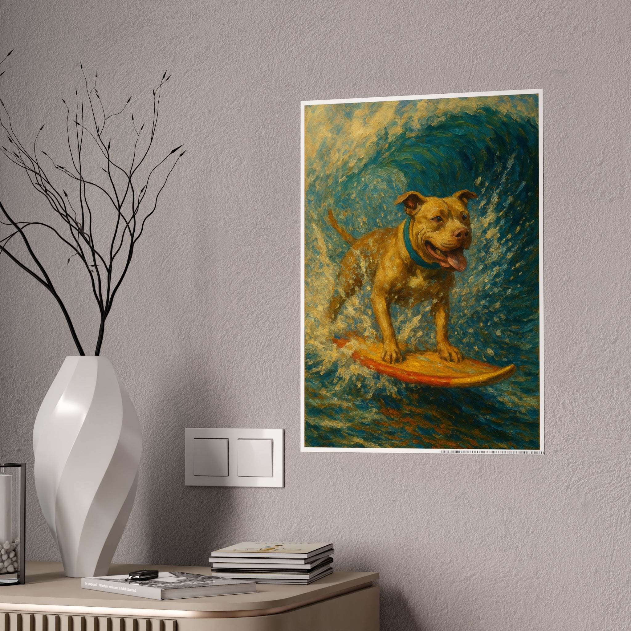 Surfer Dog Gloss Poster - Vibrant Wall Art for Pet Lovers