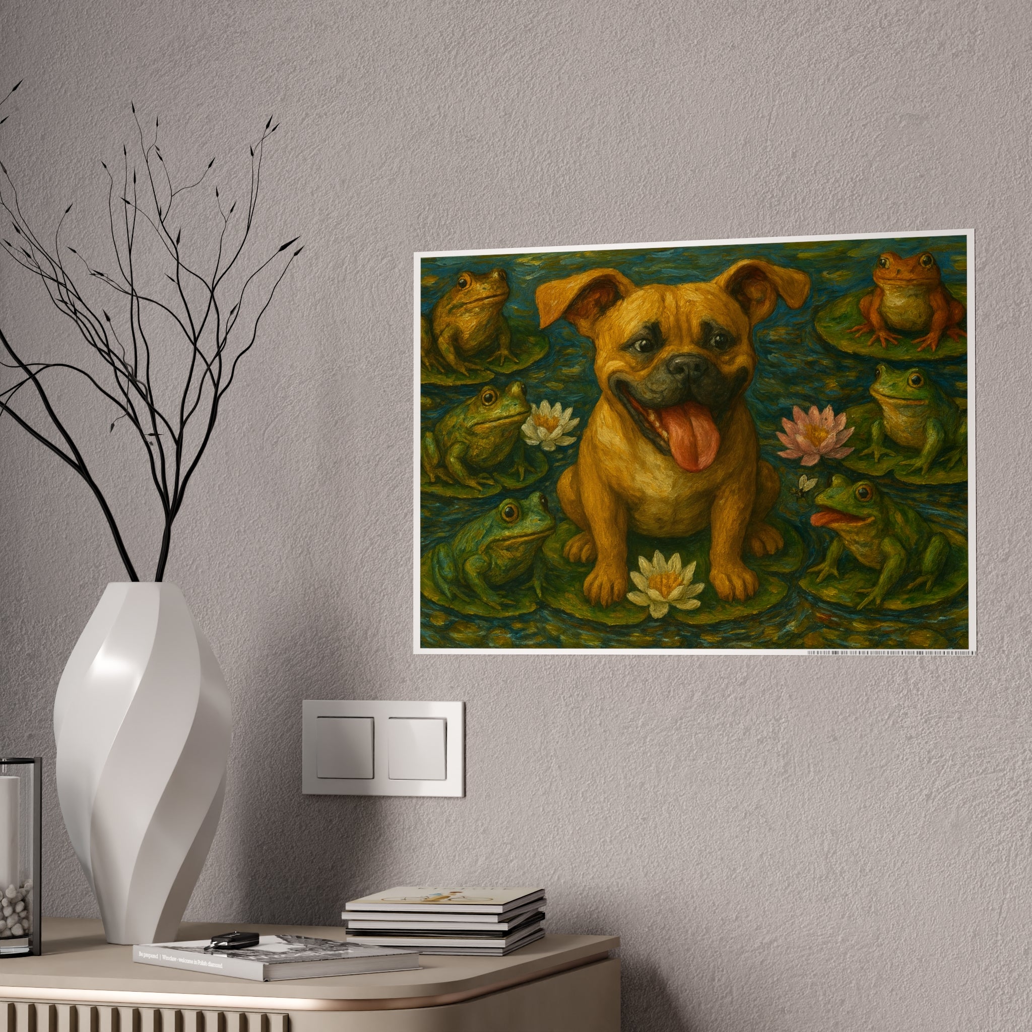 Whimsical Dog and Frogs Gloss Poster