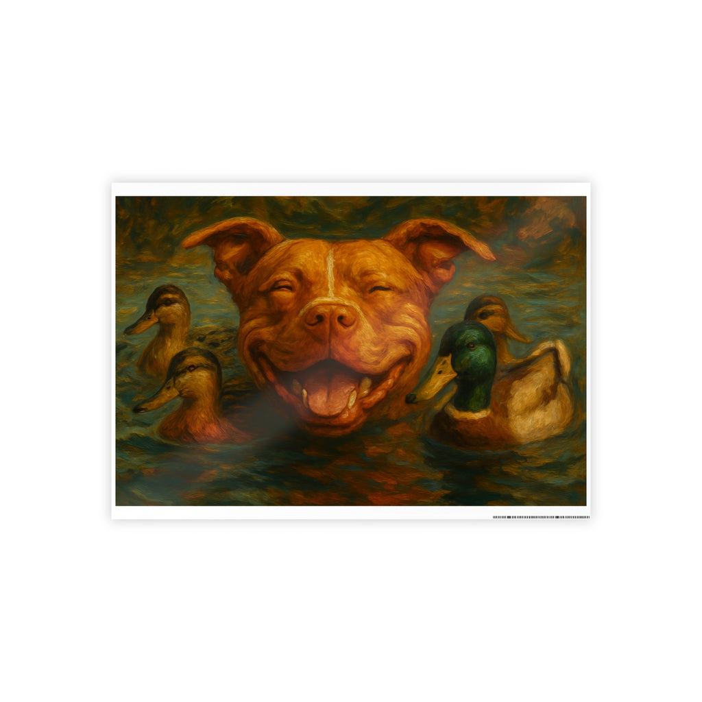 Smiling Dog and Ducks Gloss Poster | Charming Wall Art for Animal Lovers