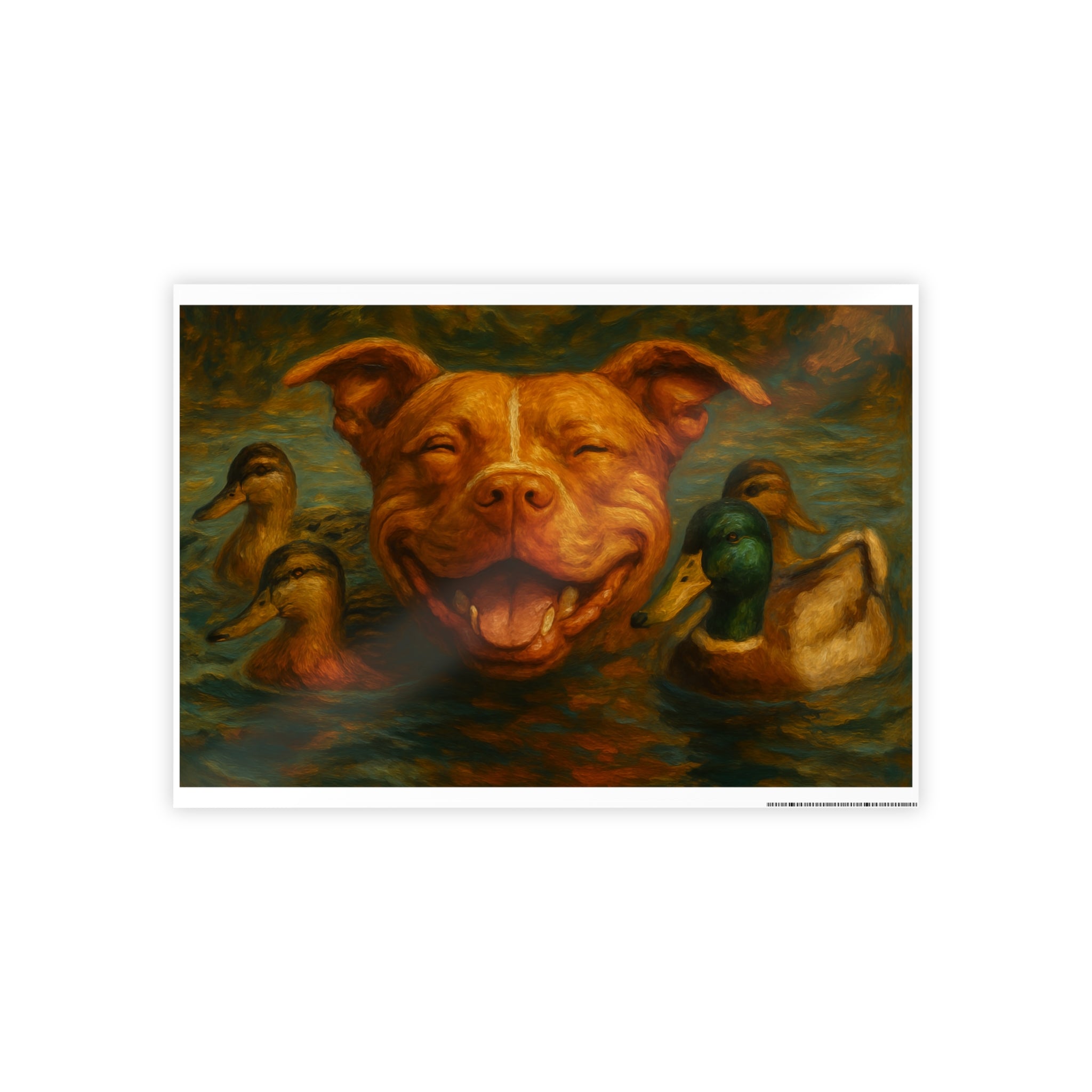 Smiling Dog and Ducks Gloss Poster | Charming Wall Art for Animal Lovers