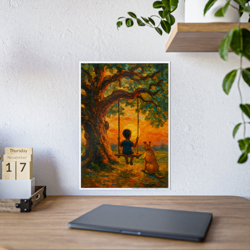Whimsical Nature Art Print - Child and Dog on Swing Sunset Poster