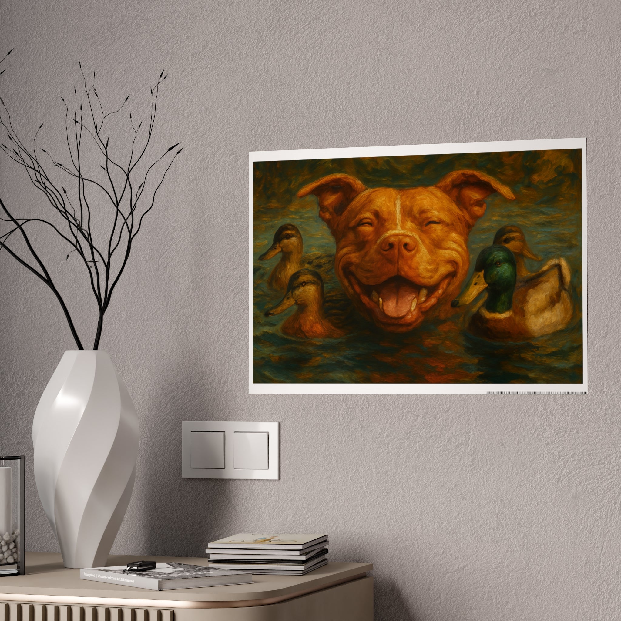 Smiling Dog and Ducks Gloss Poster | Charming Wall Art for Animal Lovers
