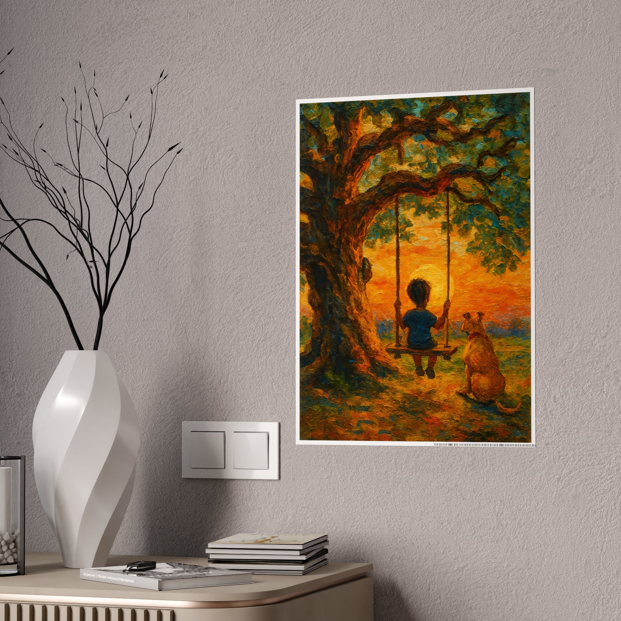 Whimsical Nature Art Print - Child and Dog on Swing Sunset Poster