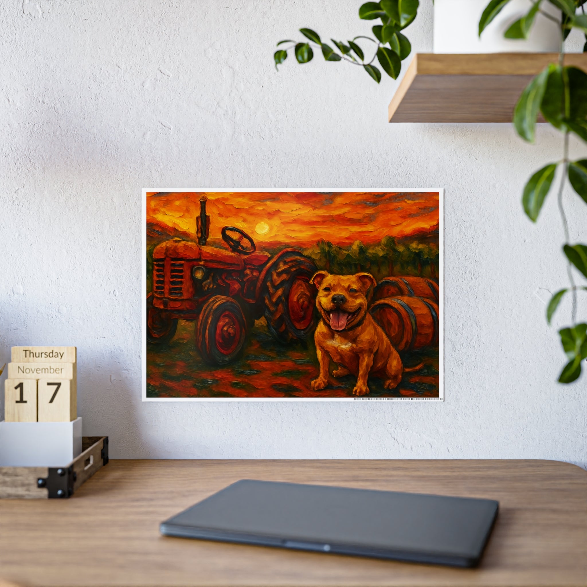 Rustic Farmhouse Gloss Poster with Happy Dog and Tractor