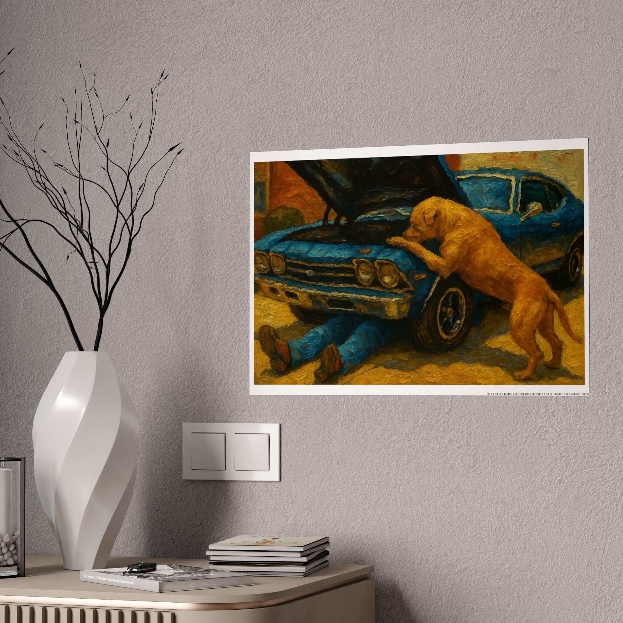 Vintage Car & Dog Art Poster