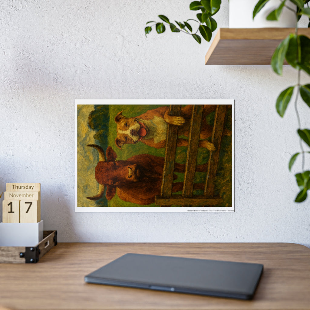 Farm Animal Wall Art Print - Glossy Poster Featuring Happy Dog and Cow