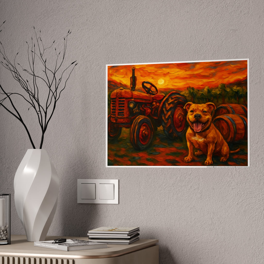 Rustic Farmhouse Gloss Poster with Happy Dog and Tractor