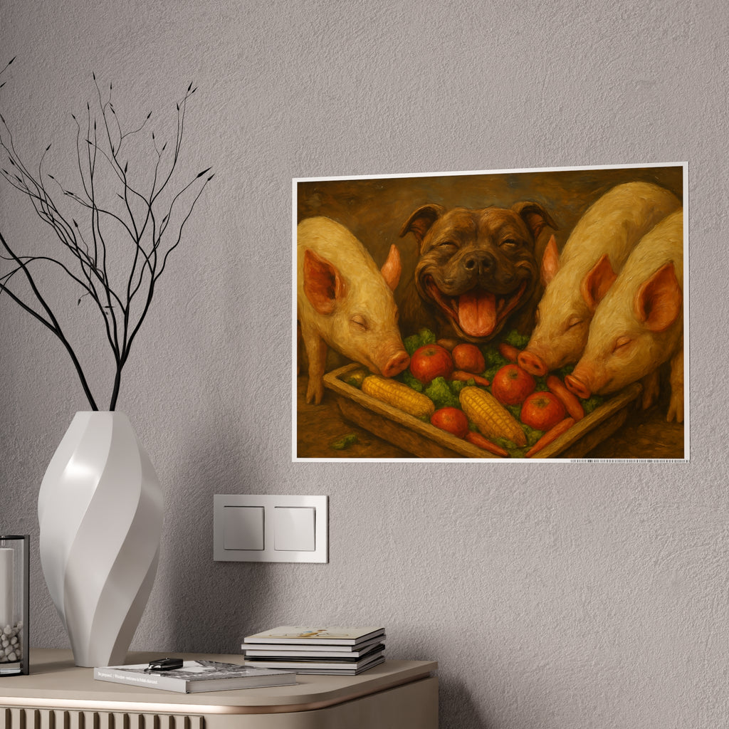 Animal Friends Gloss Poster – Happy Dog and Pigs Wall Art