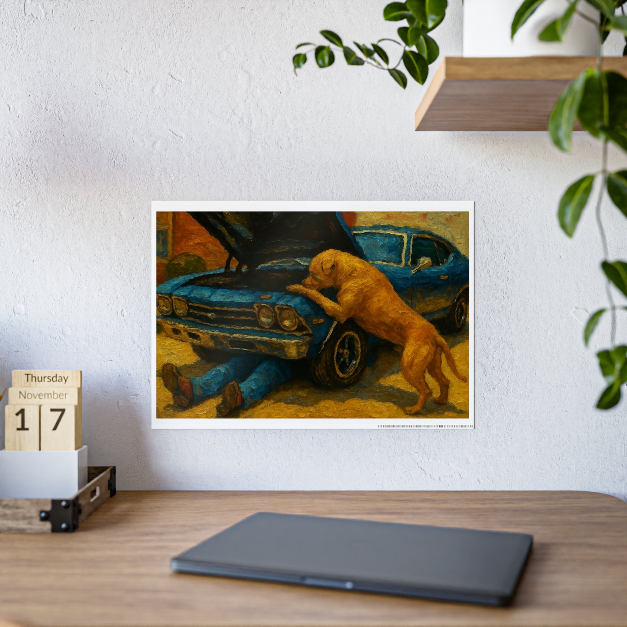 Vintage Car & Dog Art Poster