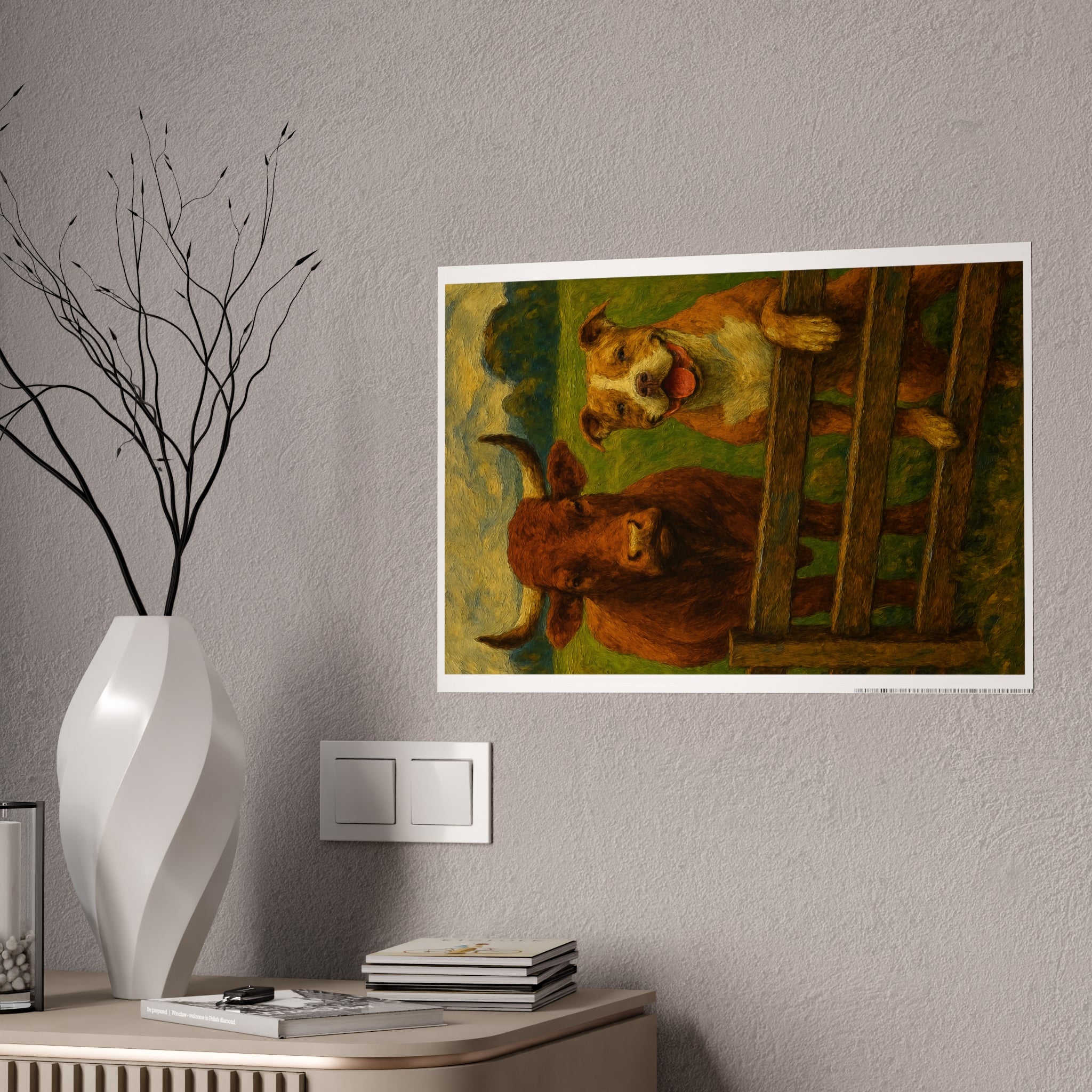 Farm Animal Wall Art Print - Glossy Poster Featuring Happy Dog and Cow