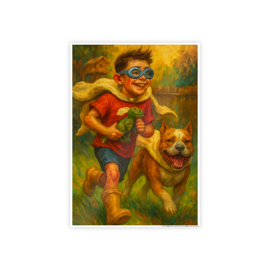 Childhood Adventure Gloss Poster - Playful Boy and Dog