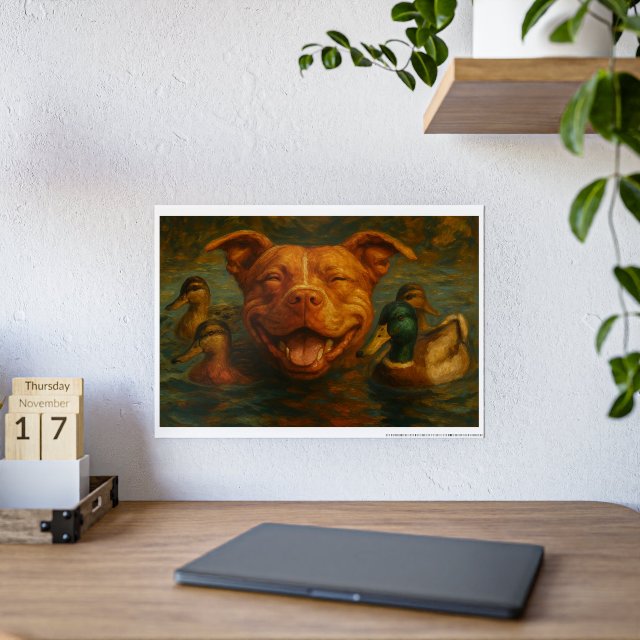 Smiling Dog and Ducks Gloss Poster | Charming Wall Art for Animal Lovers