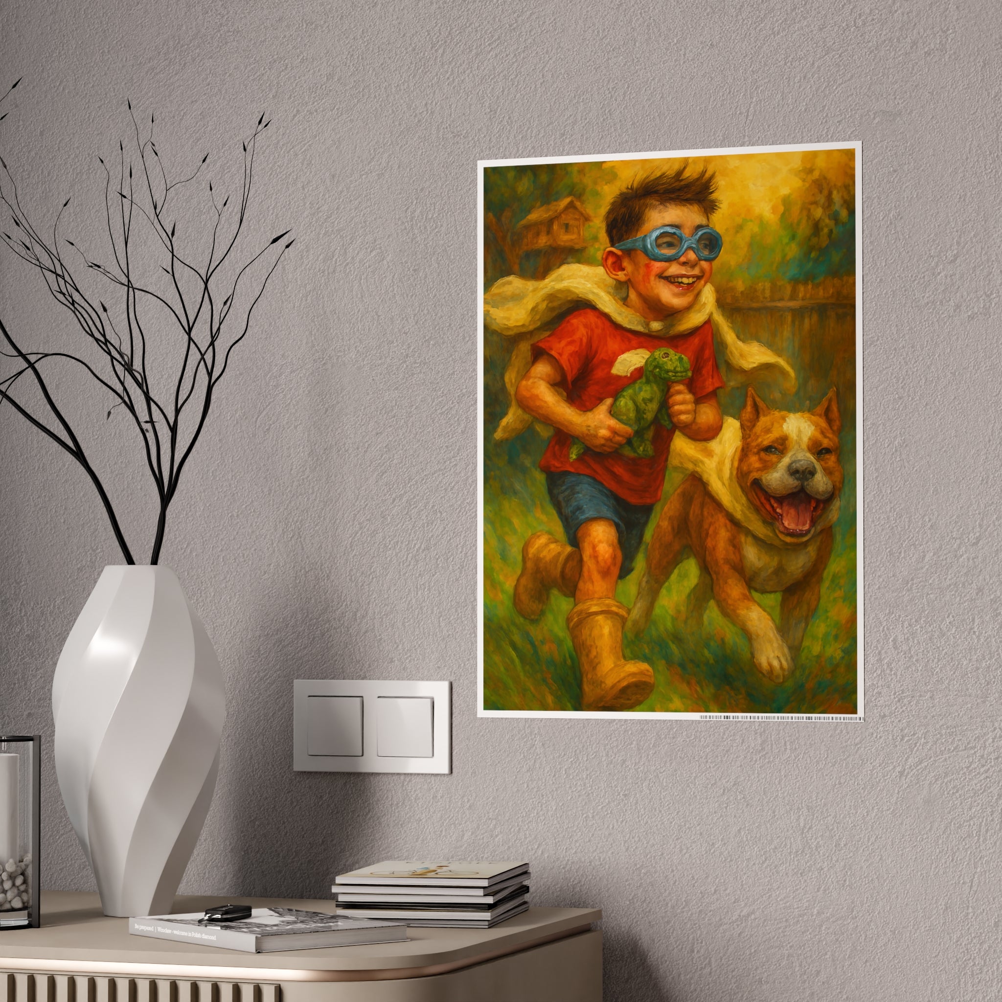 Childhood Adventure Gloss Poster - Playful Boy and Dog