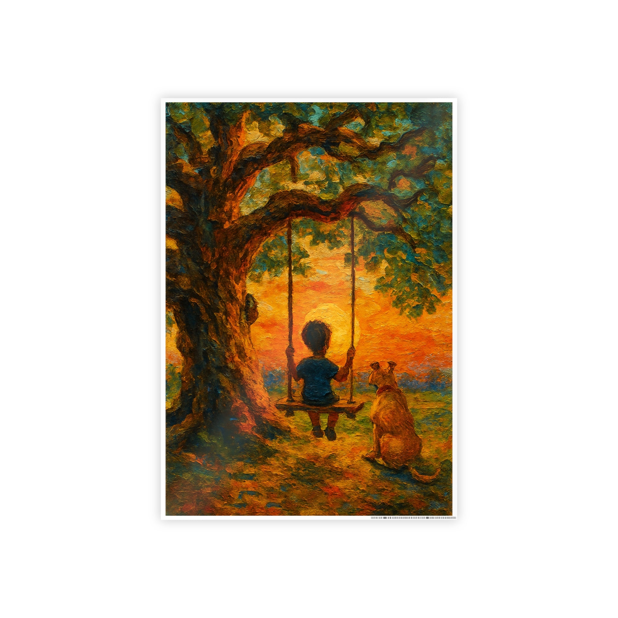 Whimsical Nature Art Print - Child and Dog on Swing Sunset Poster